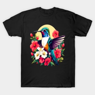 Cute Ruby Throated Hummingbird Surrounded by Spring Flowers T-Shirt